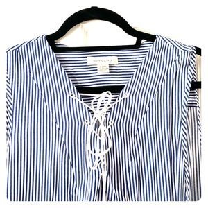 Blue and white striped dress with ties.